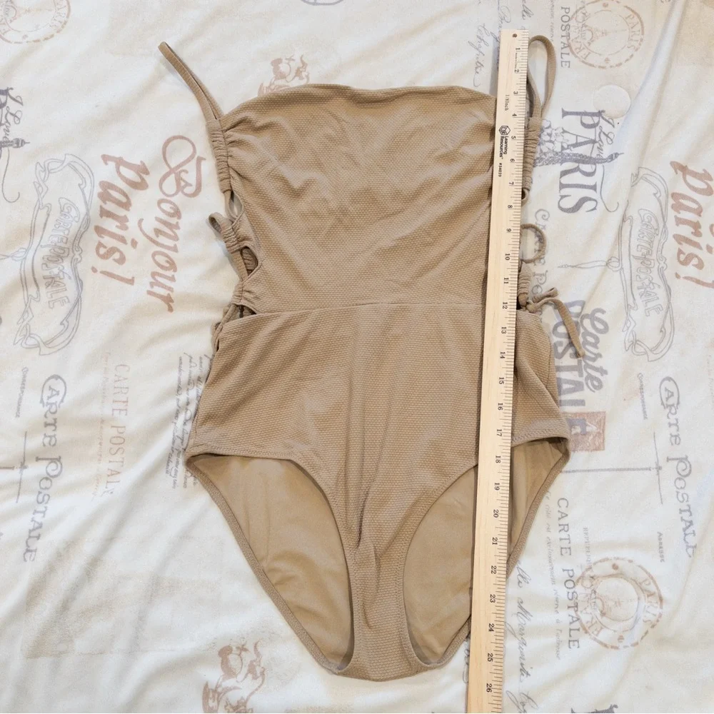 Aerie Pique Lace Up Bandeau One Piece Swimsuit Women's Large Tan Full Coverage
